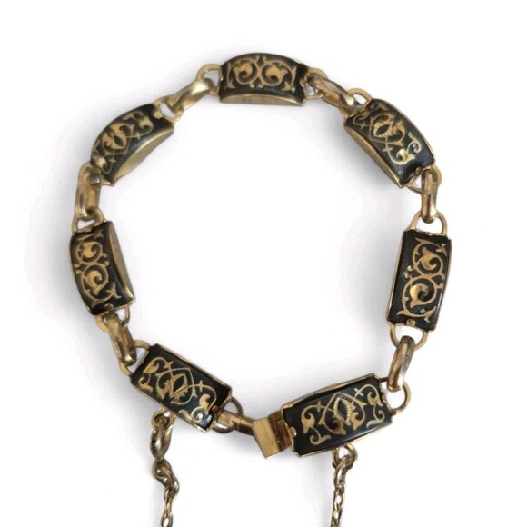 Vintage Gold Tone DAMASCENE Link Bracelet Mid Century BLACK Spain 6" - Picture 1 of 5